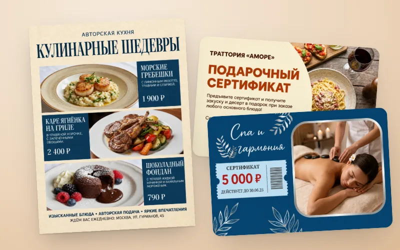 Меню ресторана с ценами и два подарочных сертификата