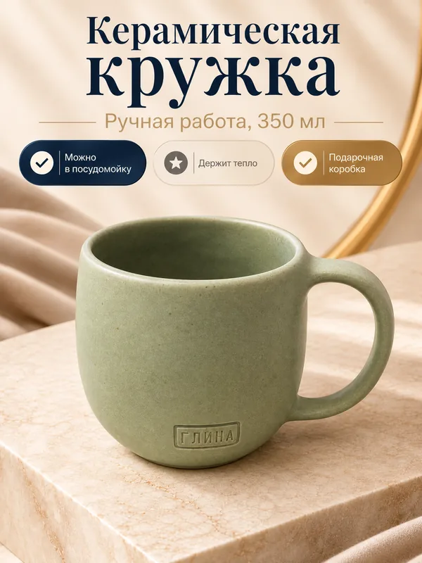 Та же кружка готовой карточкой: новая сцена, название и три плашки преимуществ