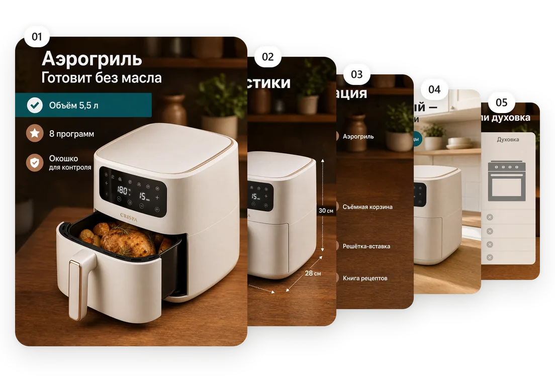 Пять слайдов карточки аэрогриля: обложка, размеры, комплектация, интерьер и сравнение