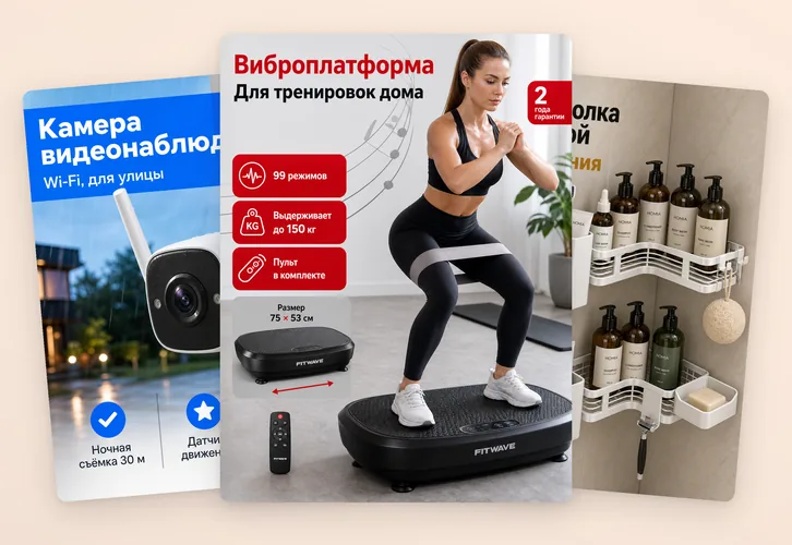 Инфографика для камеры видеонаблюдения, виброплатформы и угловой полки для ванной