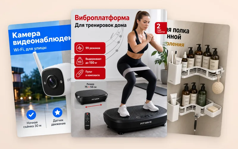 Инфографика для камеры видеонаблюдения, виброплатформы и угловой полки для ванной