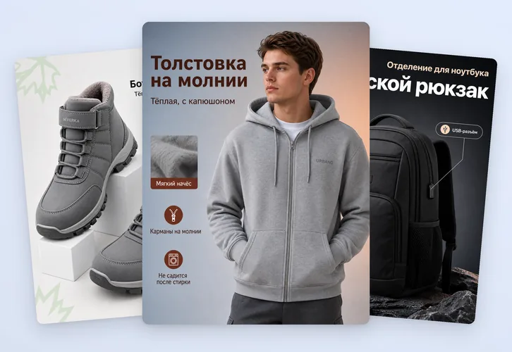 Карточки для Ozon: толстовка на молнии, зимние ботинки и городской рюкзак
