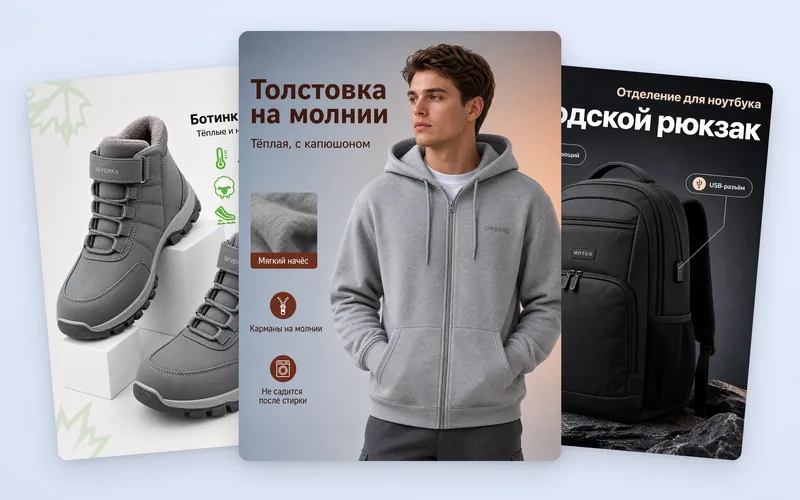 Карточки для Ozon: толстовка на молнии, зимние ботинки и городской рюкзак