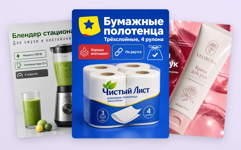 Карточки для Wildberries: бумажные полотенца, блендер и крем для рук с названием и плашками преимуществ