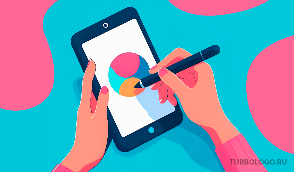 дизайнер создает яркий логотип для мобильной игры на планшете