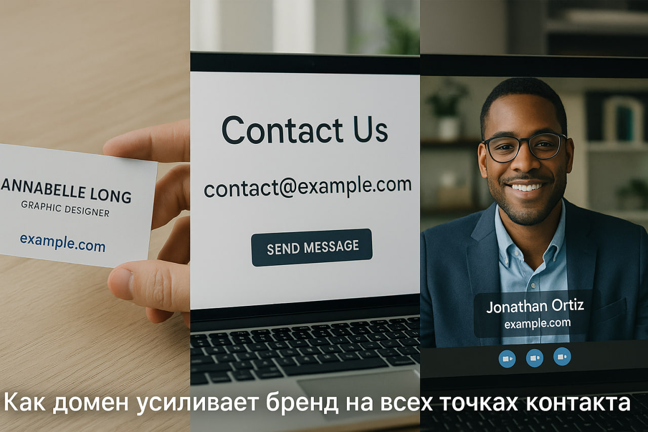 Коллаж: визитка с доменом, e-mail на ноутбуке, человек в Zoom с доменом — как домен усиливает бренд