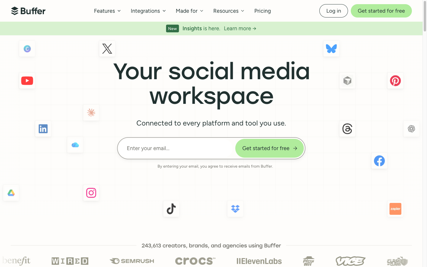 Главная страница Buffer, сервиса отложенного постинга