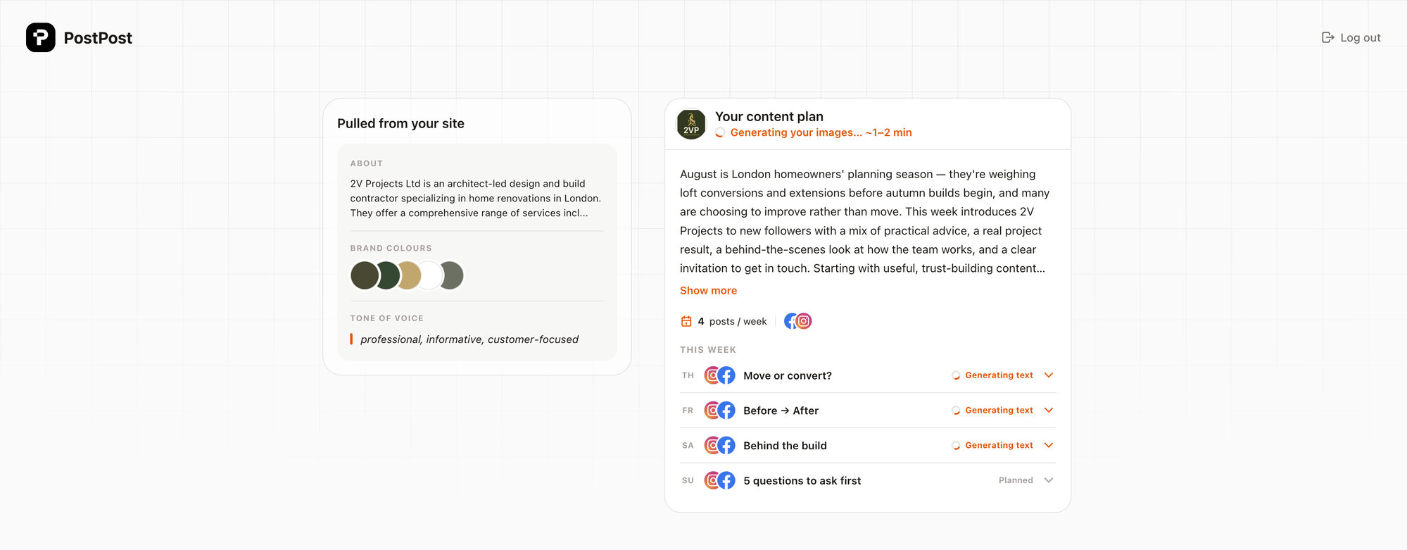 PostPost.ai собирает цвета бренда, манеру речи и план контента на неделю с сайта