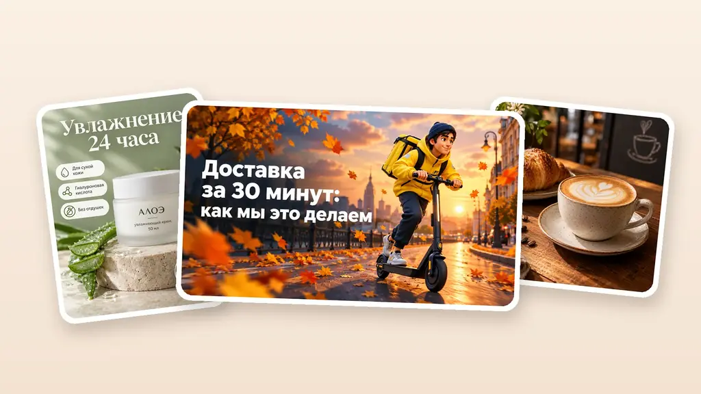 Картинки, созданные нейросетью по промптам из статьи: карточка крема «АЛОЭ», обложка про доставку с курьером на самокате и чашка капучино