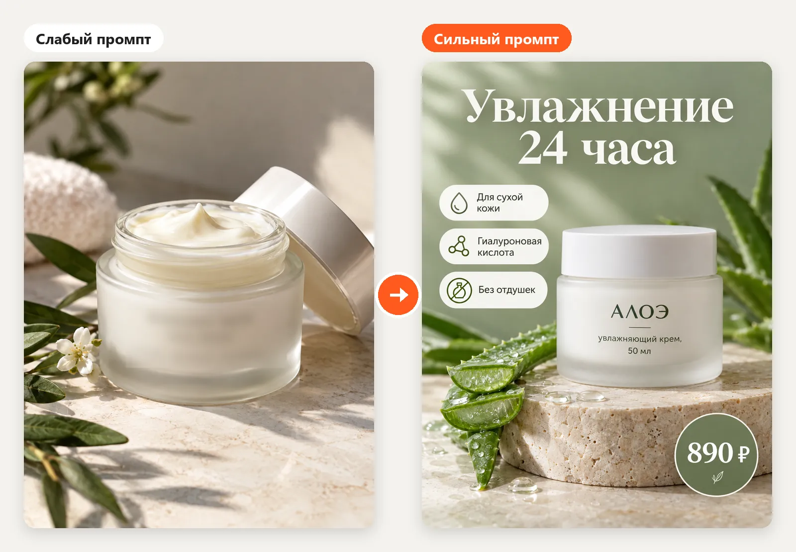 Слева открытая банка крема на мраморе, справа готовая карточка товара: баночка «АЛОЭ» на подиуме, заголовок «Увлажнение 24 часа», три выгоды и цена 890 ₽