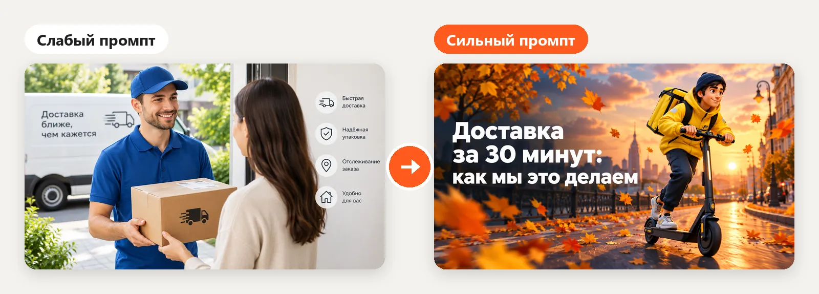 Слева фото курьера с коробкой и надписями, справа объёмная иллюстрация курьера на самокате среди осенних листьев с заголовком «Доставка за 30 минут: как мы это делаем»