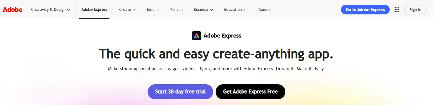 Главная страница Adobe Express с кнопками бесплатной версии и пробного периода