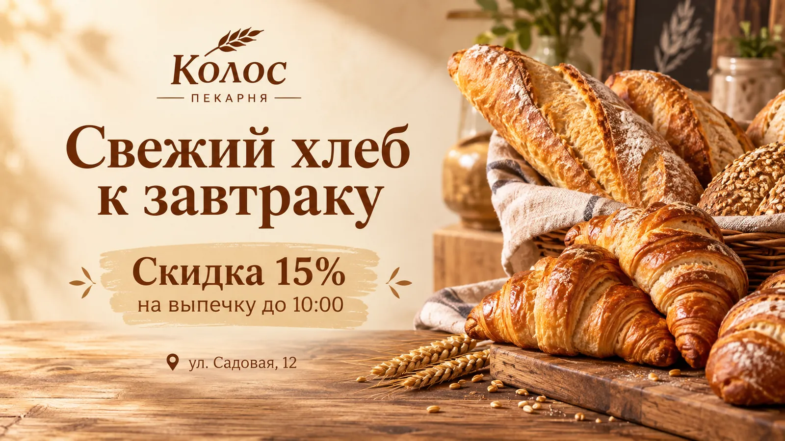 Рекламный баннер пекарни «Колос»: «Свежий хлеб к завтраку», «Скидка 15% на выпечку до 10:00», круассаны и багеты на деревянном столе