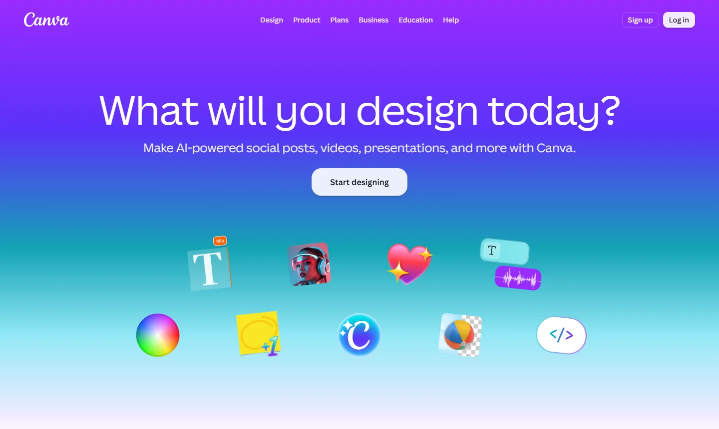 Главная страница Canva с заголовком «What will you design today?»