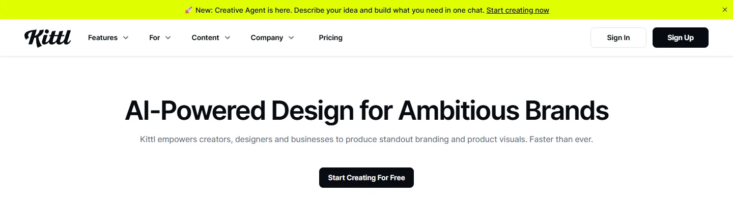 Главная страница Kittl с заголовком «AI-Powered Design for Ambitious Brands»