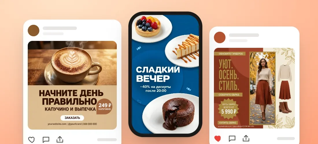 Пост кофейни, сторис кондитерской и пост магазина одежды на экране телефона и в ленте
