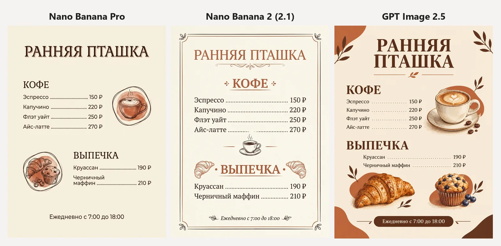 Тест 5: один и тот же промпт меню в Nano Banana Pro, Nano Banana 2 и GPT Image 2.5
