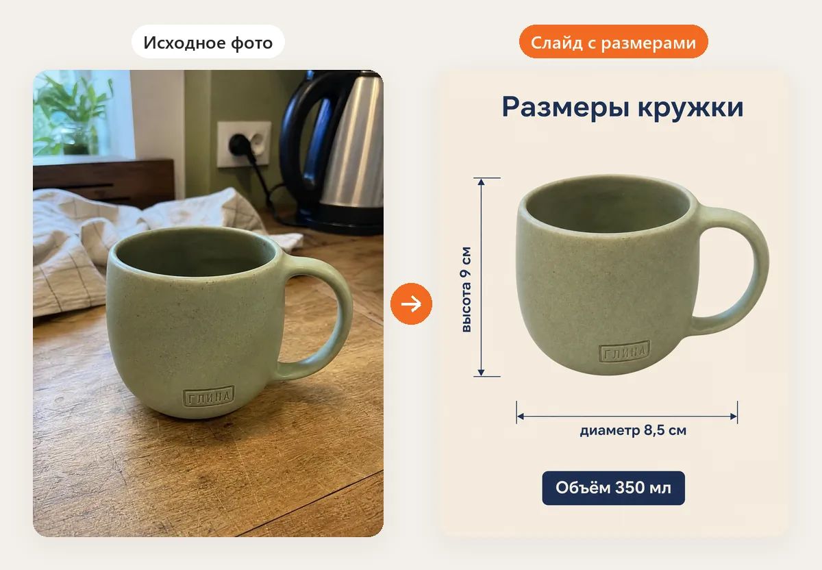 Слева исходное фото кружки ГЛИНА на столе, справа слайд с ней на бежевом фоне: заголовок «Размеры кружки», размерные линии с подписями высоты и диаметра и плашка «Объём 350 мл»