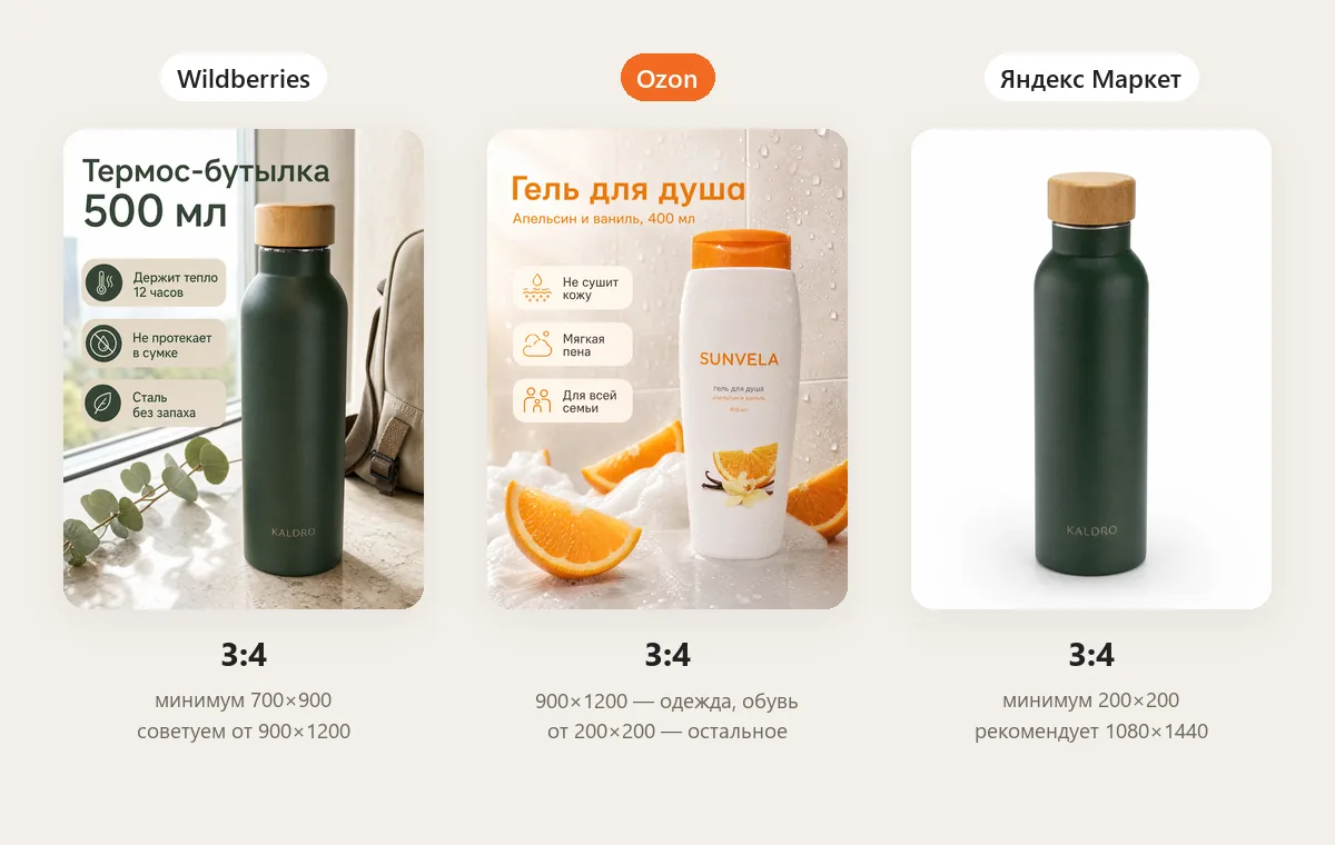 Три вертикальные карточки 3:4 с подписями: Wildberries — минимум 700×900, Ozon — 900×1200 для одежды и обуви, Яндекс Маркет — рекомендуется 1080×1440